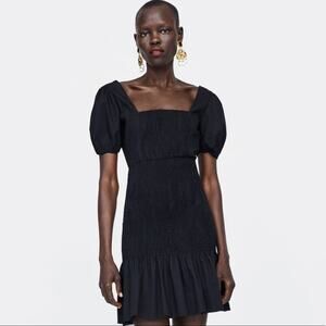 Zara Smocked Cap Sleeve Black Dress